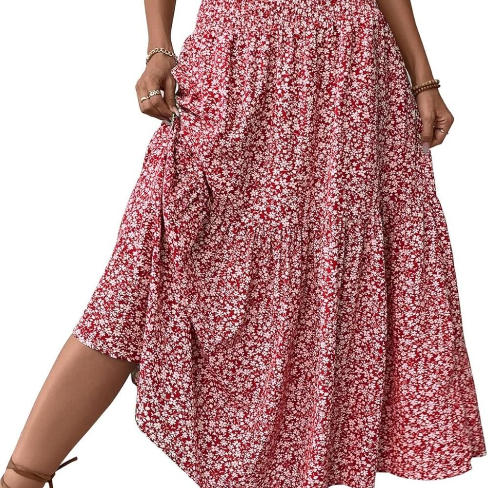 Women's Smocked High Waist Maxi Skirt Casual Boho Long Skirts With Pockets